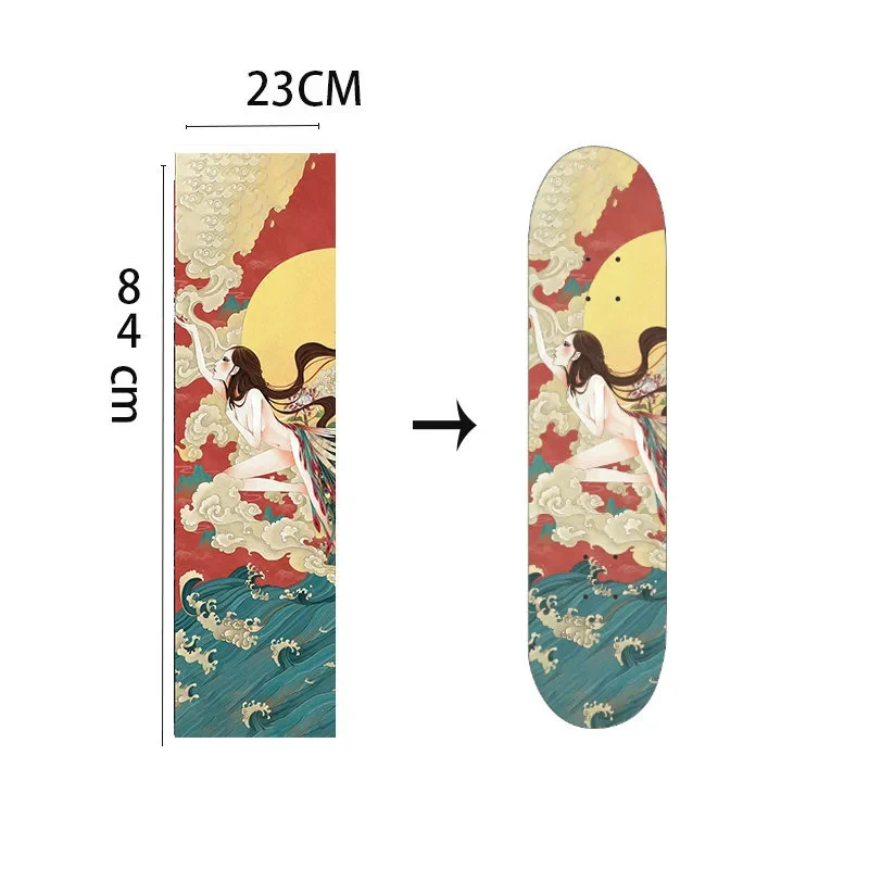 Cinta de agarre de monopatín con estampado de calavera marina de estilo japonés, Cinta de agarre antideslizante para monopatín Longboard, pegatina