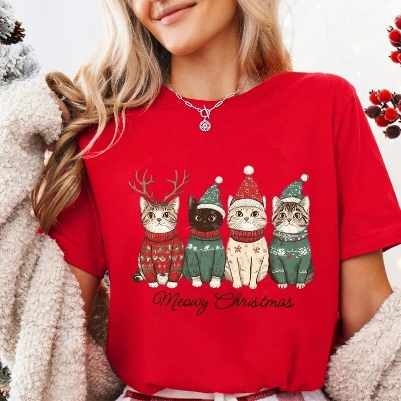

New Year Xmas Meowy Christmas Cat Print Women Fashion T Shirt Girl O Neck Clothing Fashion Harajuku Kawaii T-shirt Y2K Clothing