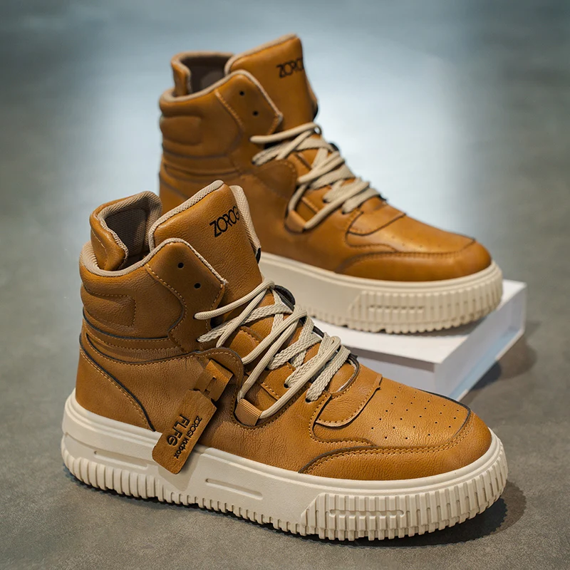 

High-Top Men's Shoes Spring Trend Versatile Casual Board Shoes Teenage Leather Surface Waterproof Non-Slip Thick Bottom Heigh...