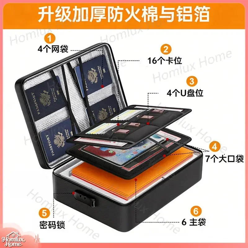 Multi-Function Portable Large Capacity Document Storage Bag Waterproof Fireproof Office Supply for Data Certificate ID