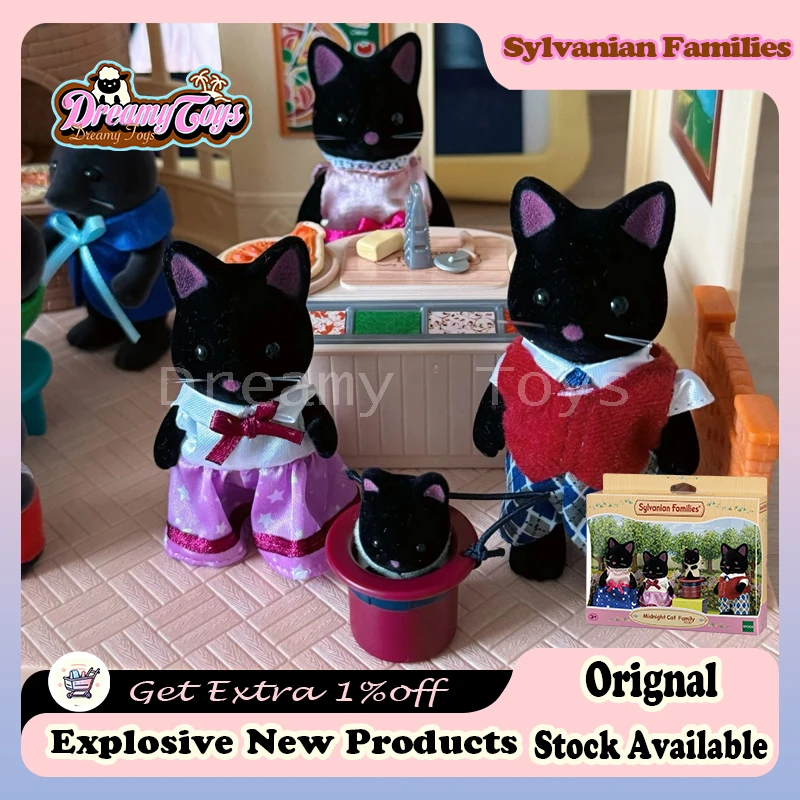 Original in Stock Sylvanian Families Anime Figure Midnight Cat Family Kawaii Sylvanian Family Room Collection Halloween Girl Toy