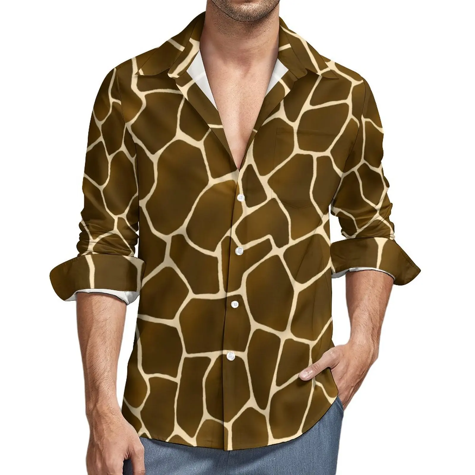 

Giraffe Skin Print Shirt Autumn Wild Animal Casual Shirts Mens Novelty Blouses Long Sleeve Printed Streetwear Clothing Plus Size