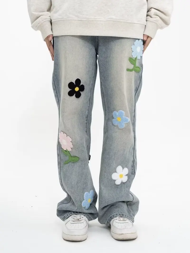 Jean Brodé de Fleurs pour Homme, Pantalon à Jambes Larges, Vêtement Rétro Y2k, à la Mode