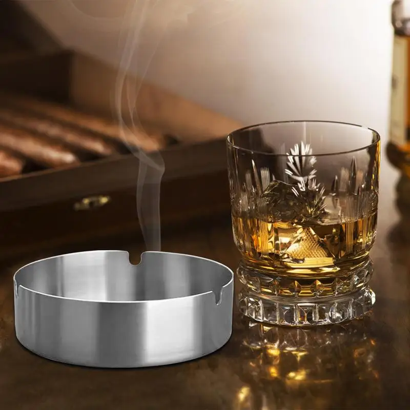 Cigar Ashtray Stainless Steel Round Shaped Decorative Tabletop Cigarettes Ash Holder For Home Bedroom Office Tabletop