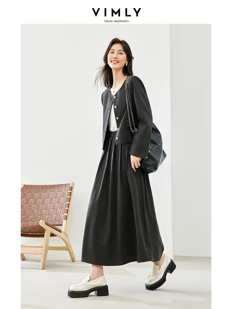 Vimly Grey Women\'s Skirt Suit 2024 Spring Elegant Fashion Matching Set Crop Jacket Pleated Maxi Skirt Two Piece Set Women M5379