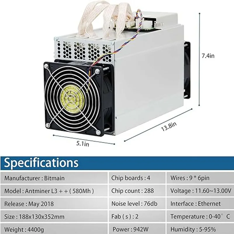 Bitmain Antminer L3 + 504MH/s ASIC Dogecoin Doge Litecoin LTC Miner Scrypt Crypto Crypto d'occasion