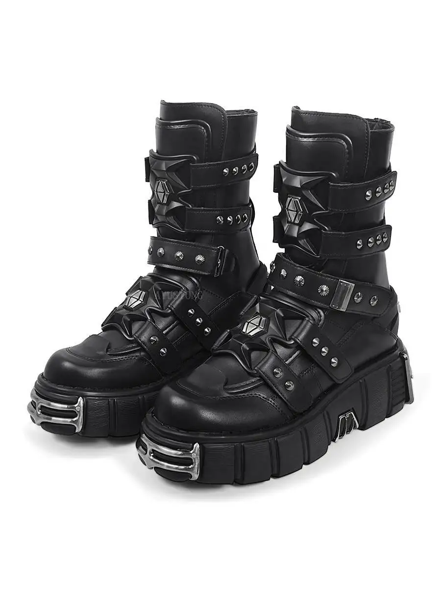 Metallic rock platform midsole boots Dark punk biker boots Gothic rivet heightening platform boots for men and women