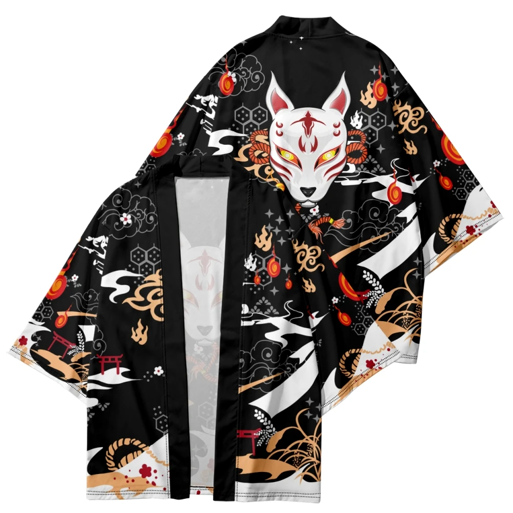 Fashion Harajuku Men Women Cosplay Cardigan Kimono Black Tops Japanese Style Print Haori Shirts