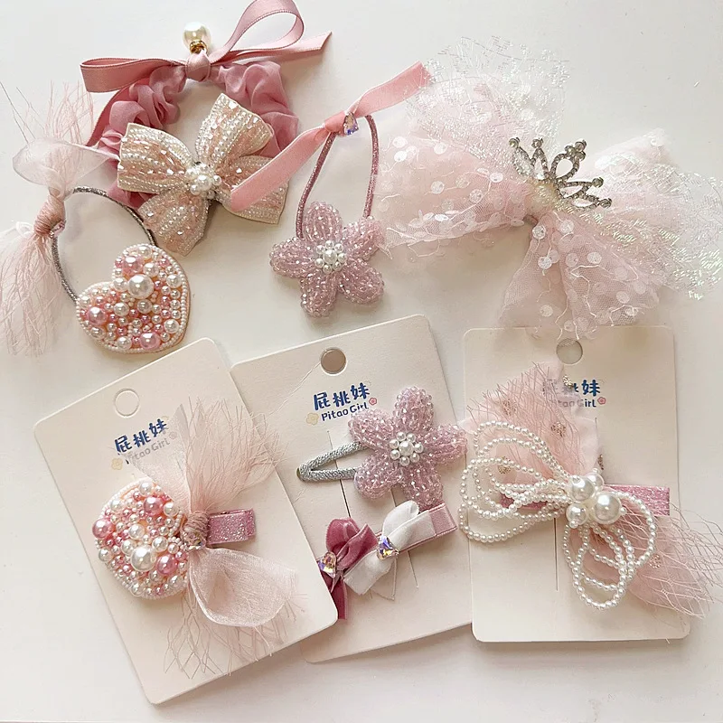 

1Pc Pink Series Little Girls Heardwear Hair Band Hairpin Princess Style Pearl Mesh Crown Love Flower Bow Children Baby Hair Clip