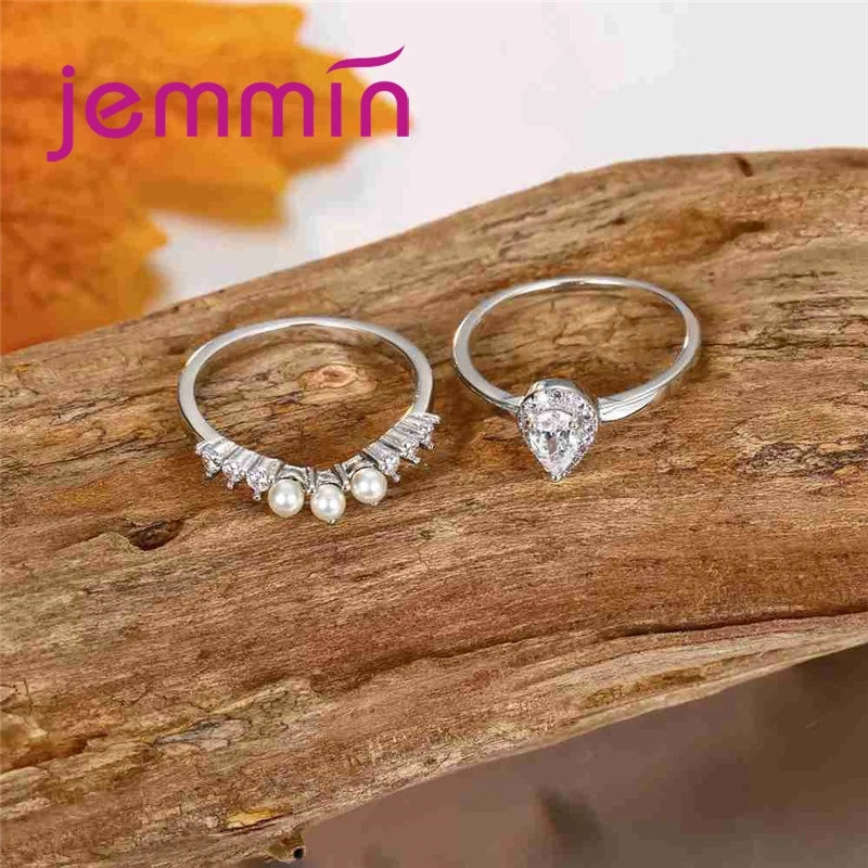 Beautiful Minimalist 925 Sterling Silver Ring Set Pave Pearls White Color Inlay  Cubic Zirconia Unique Shaped Ring