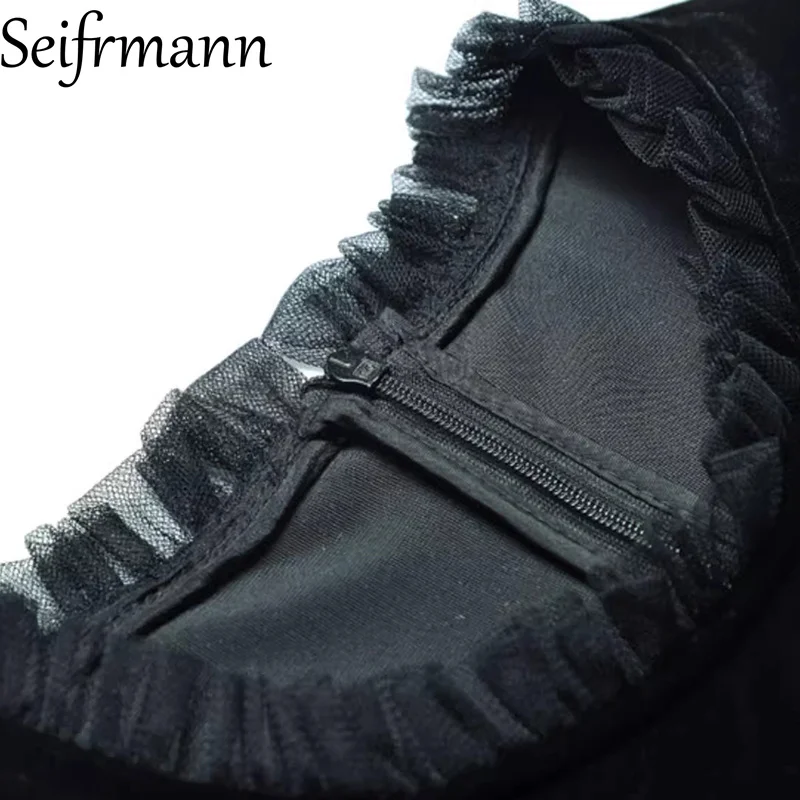 Seifrmann 2026 printemps femmes nouvelle mode col rond lanterne à manches longues mousseux velours épissage maille taille robe