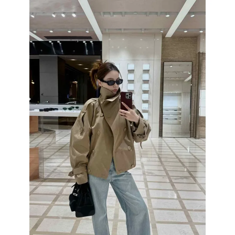 

Двубортная короткая ветровка с воротником-стойкой для женщин, осень 2023 г., новое высококачественное пальто цвета хаки, топ