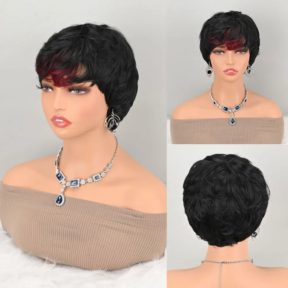 

Short Bob Synthetic fibers Wig for Black Red Pixie Cut Wigs Glueless Wig None Front Wig With Bangs Natural Black Straight Full