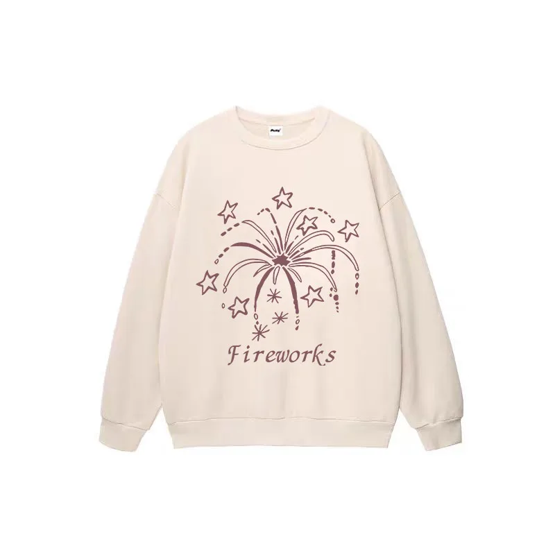 Fireworks Pattern Printed Crew Neck Sweatshirts 2025 New Simple Retro Clothes Y2k Streetwear