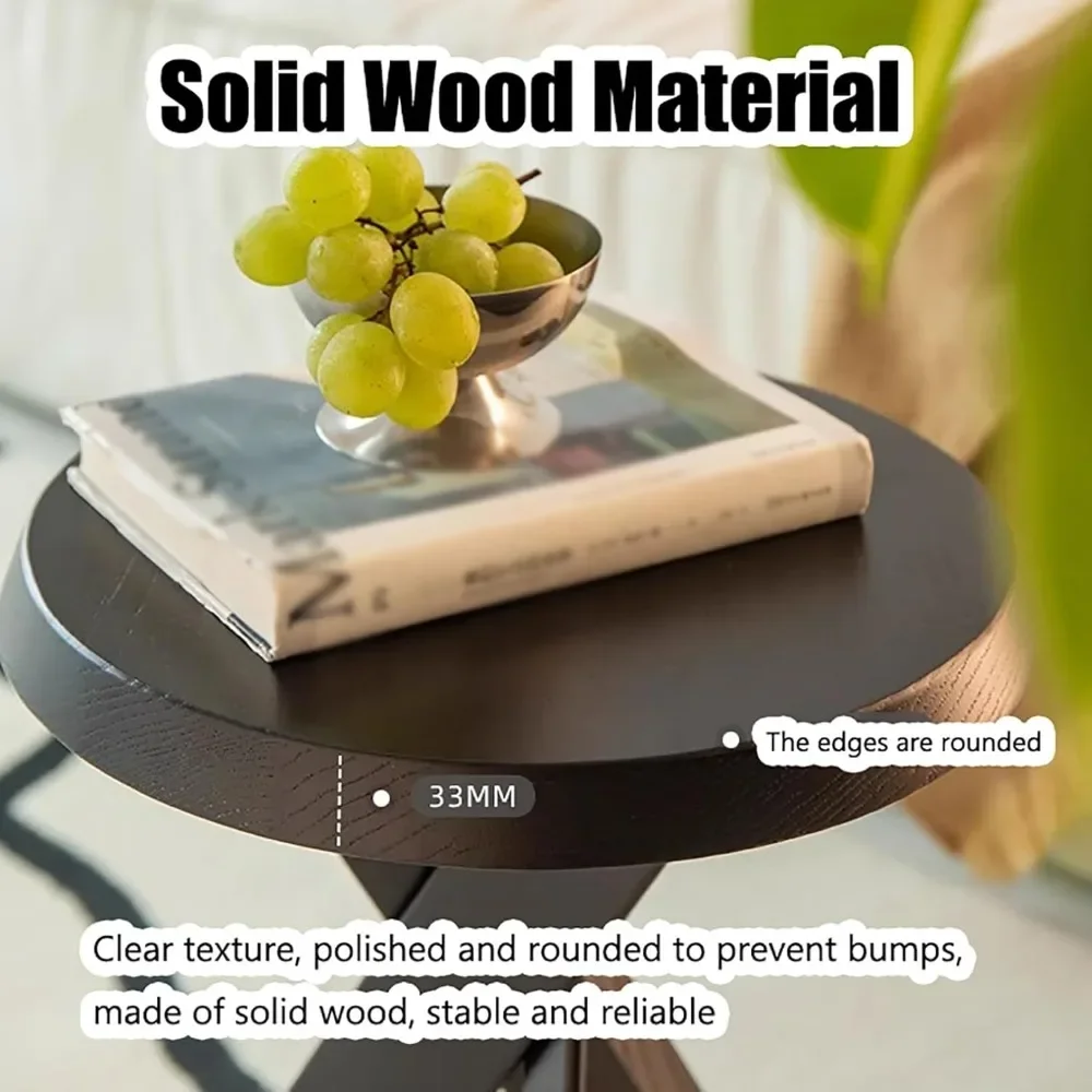 Round Coffee Table, Solid Wood End Table Center Cafe Table Rustic Sofa Side Table With Stable Crossed Triangle Legs