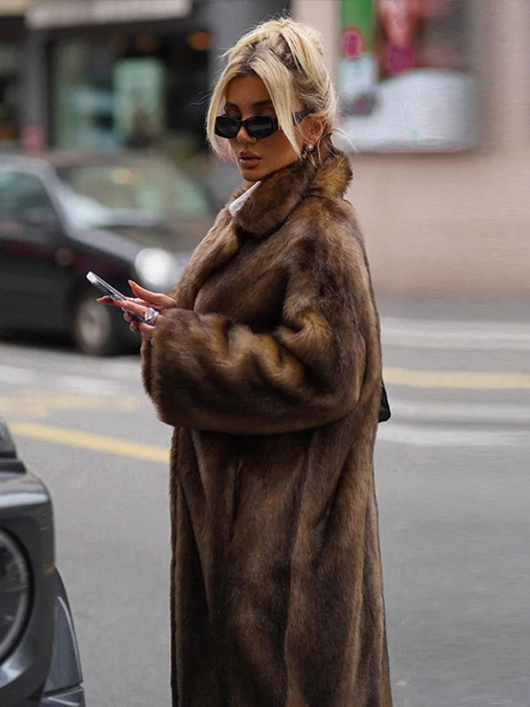 

Women's Warm Faux Fur Long Overcoat Dark Brown Lapel Full Sleeve Button Coat 2025 Winter Lady Fluffy Plush New Thicken Outerwear