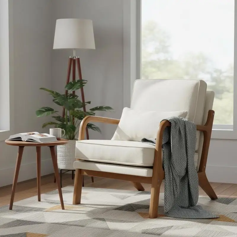 Lounge Seat 29.5 x 28.3 x 32.7 in For Living Room Bedroom Office, High Density Foam Padded Linen Upholstery Rubberwood Support Structure 5.7 in Thickened Cushion Retro Aesthetic Indoor Furniture