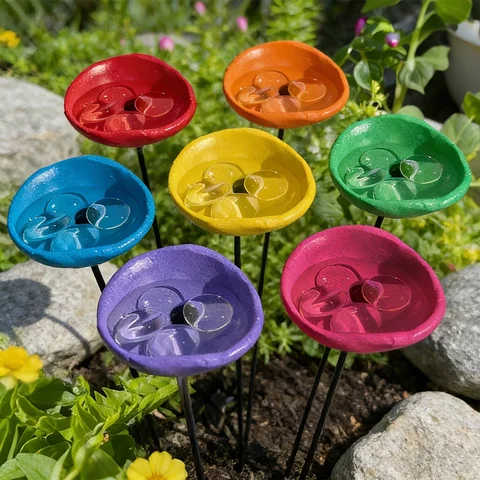Colorful Bee Butterfly Feeder Hummingbird Waterer Outdoor Garden Art Decor Round Cups With Metal Stands For Flower Pot Ornament