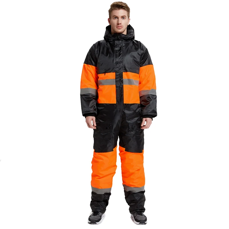 Winter Coveralls Men Waterproof Windproof Reflective Cotton Padded Hooded Coveralls Thicken Thermal Work Uniform Hi Vis Workwear