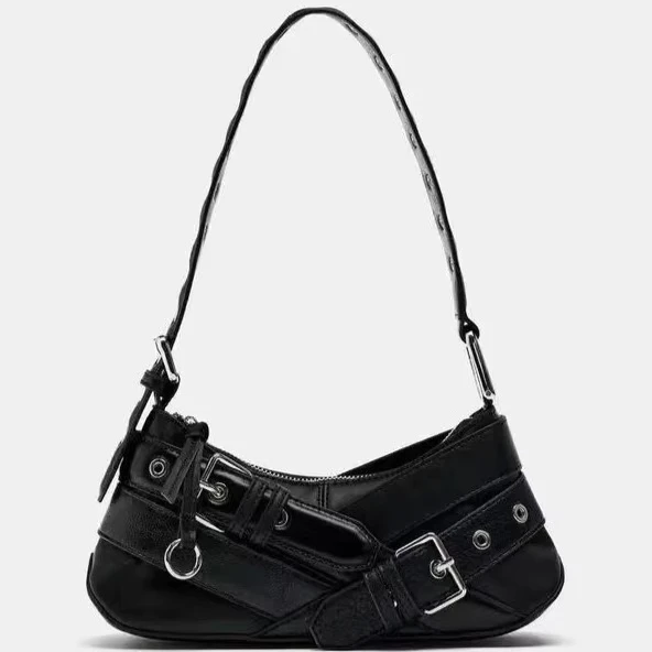 New 2026 Fashion Retro Brown Black Spicy Girl Motorcycle Bag Women's Underarm Single Shoulder Bag Versatile French Bread Bag