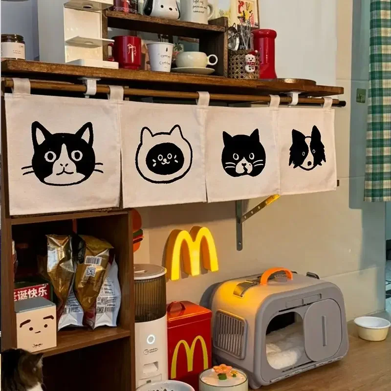 Minimalist Pet Portrait Hiding Curtain Simple Line Art Cat Dog Head Fabric Cabinet Cover Curtain Kitchen Shelf Home Decor