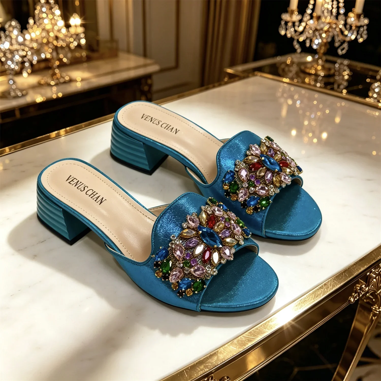 Olivgrüne Strass-Sandalen mit passender Tasche, Damen-Pantoletten mit Blockabsatz, bunte Kristall-Pantoletten, Clutch-Tasche für Hochzeiten – Detail 32