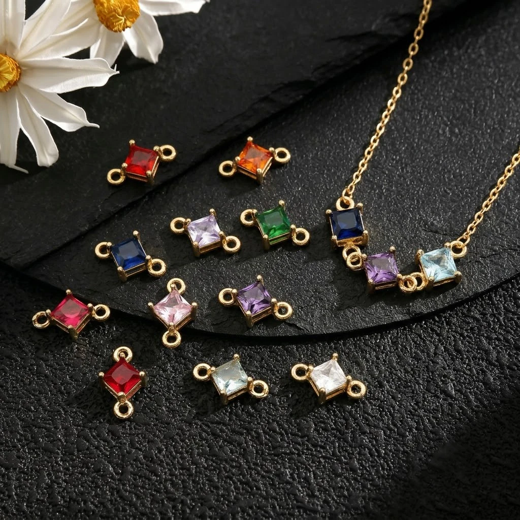 5pcs 7X11mm Gold Color and Zircon 2 Holes Square Connect Charms Pendants For DIY Earring Necklace Jewelry Making Supplies Crafts