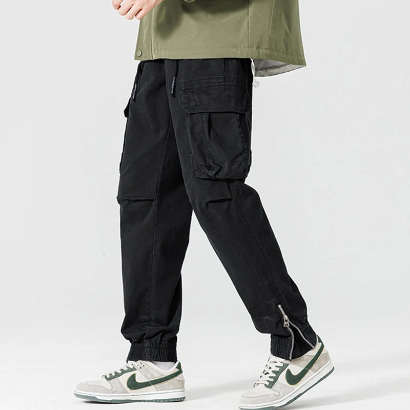 Autumn Winter Hip Hop Men Solid Color Cargo Trousers Multi Pocket Drawstring Hem Zipper Design Streetwear Casual Jogger Pants