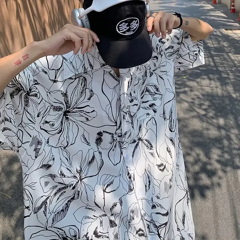 

Vintage Baroque Floral ort Sve Men's irt American Sle Trendy f Sve irt Summer Youth ular Loose Fit Button...