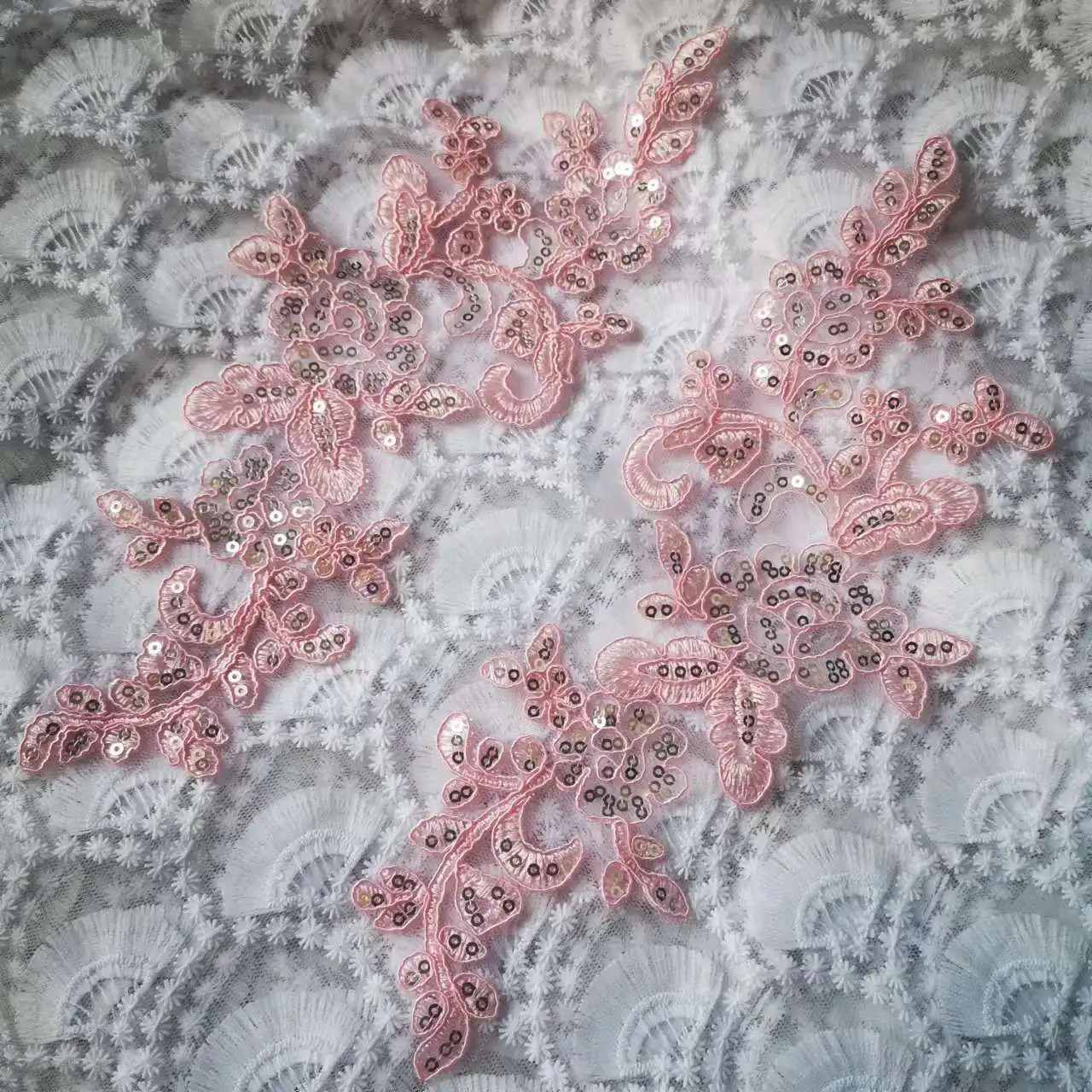 3Pairs/6Pcs Red Pink Glitter Lace Applique Flower Sequin Lace Fabric For Garment Wedding Accessories Cloth DIY Craft 26X9cm