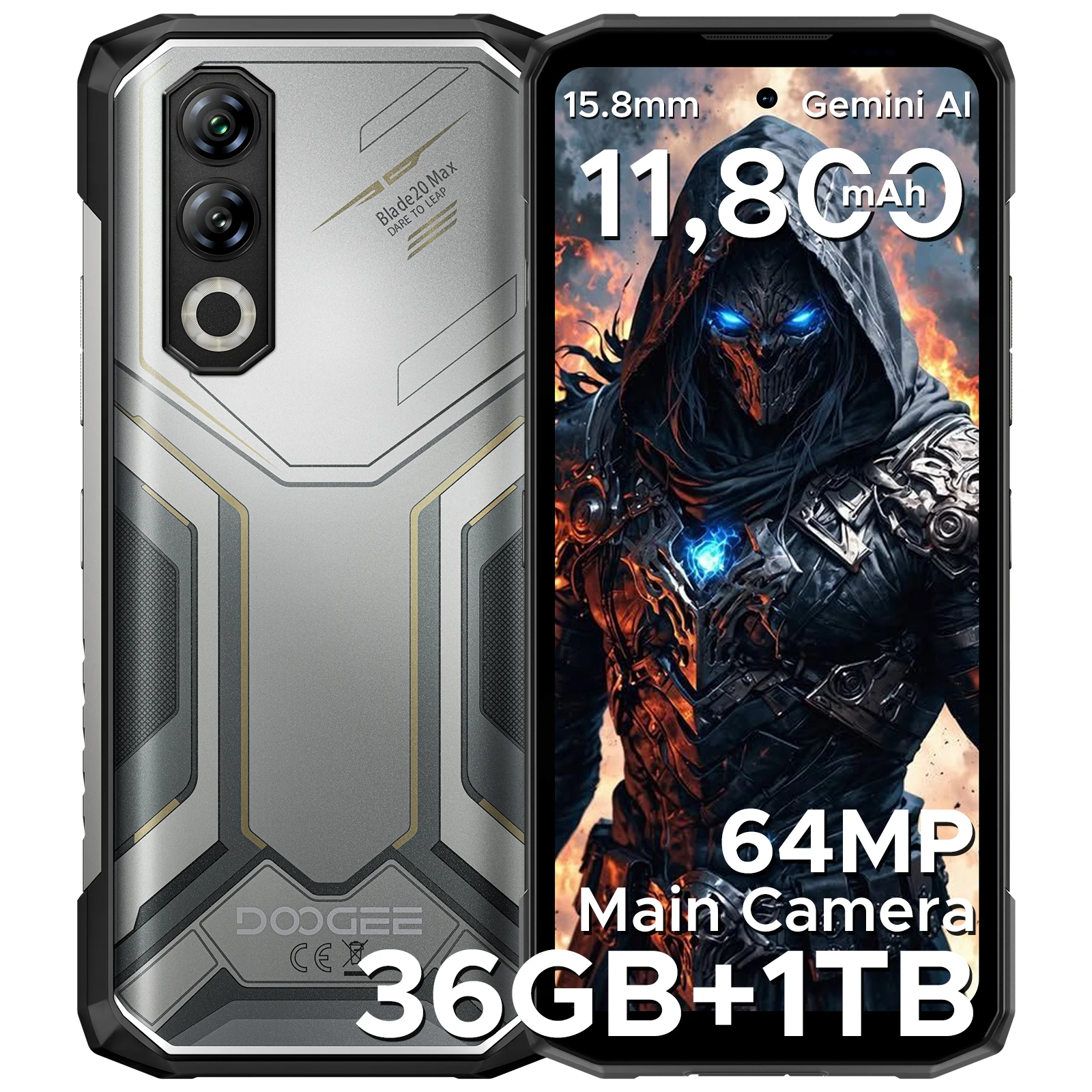 DOOGEE Blade20 Max هاتف متين 36 جيجابايت (12 جيجابايت + 24 جيجابايت) ذاكرة الوصول العشوائي 1 تيرا بايت ROM 6.6 بوصة عرض 11800 مللي أمبير بطارية 64 ميجابكسل AI كاميرا أندرويد 15 هاتف ذكي
