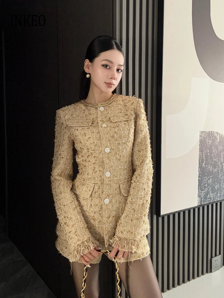 

Luxury Gold tweed 2 piece women 2025 New Fashion Elegant O-neck Single breasted Jacket Blazer And High waist Shorts INKEO 4O120
