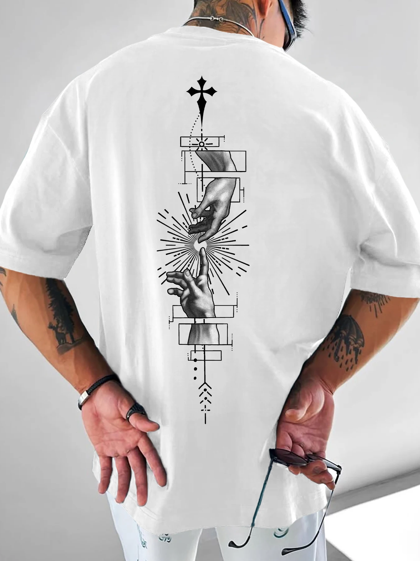 Men's Creation of Adam Cross Print T-Shirt Casual Streetwear Oversized O-Neck Short Sleeve Graphic Tee Tops  S-XXL