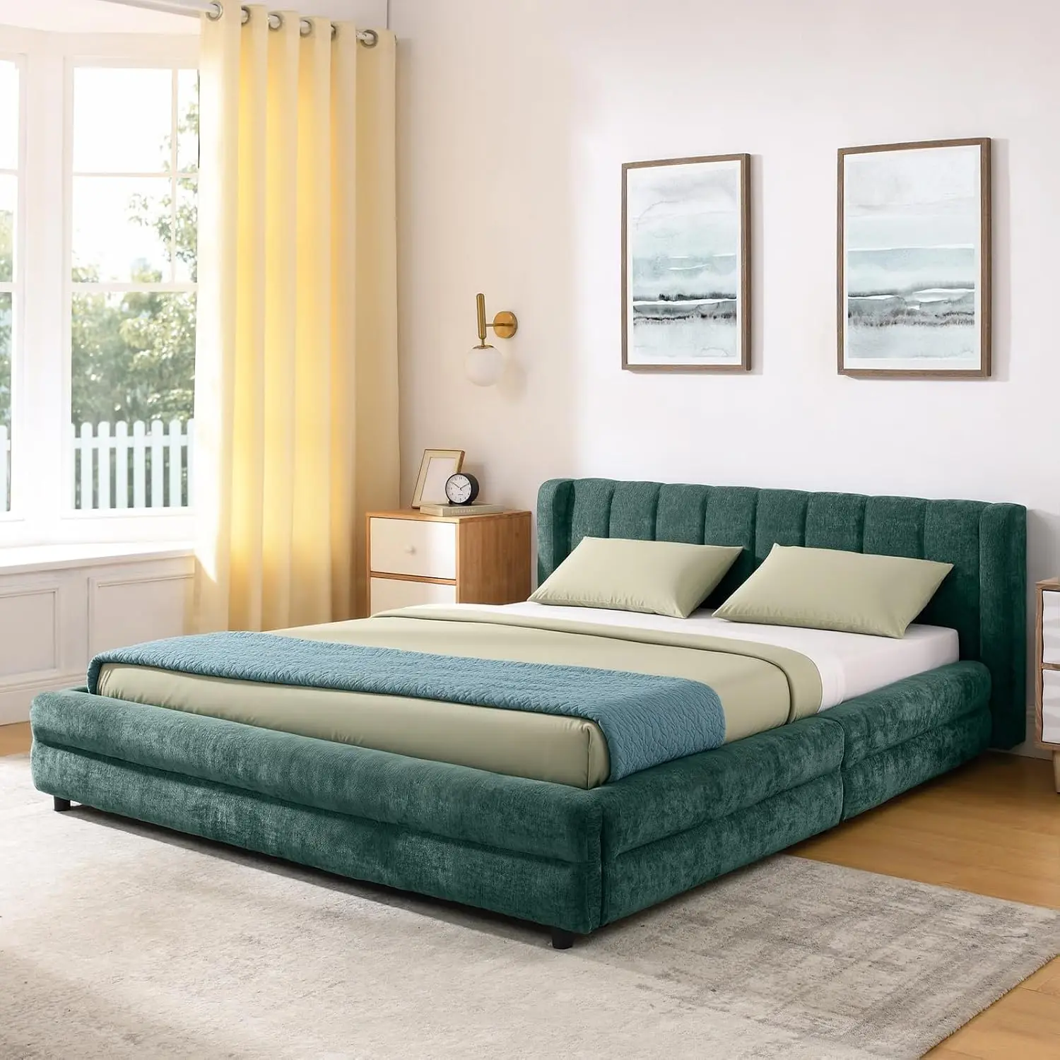 Queen Upholstered Platform Bed With 4 Drawers, Chenille Fabric Headboard, Low Profile No Box Spring, Customized