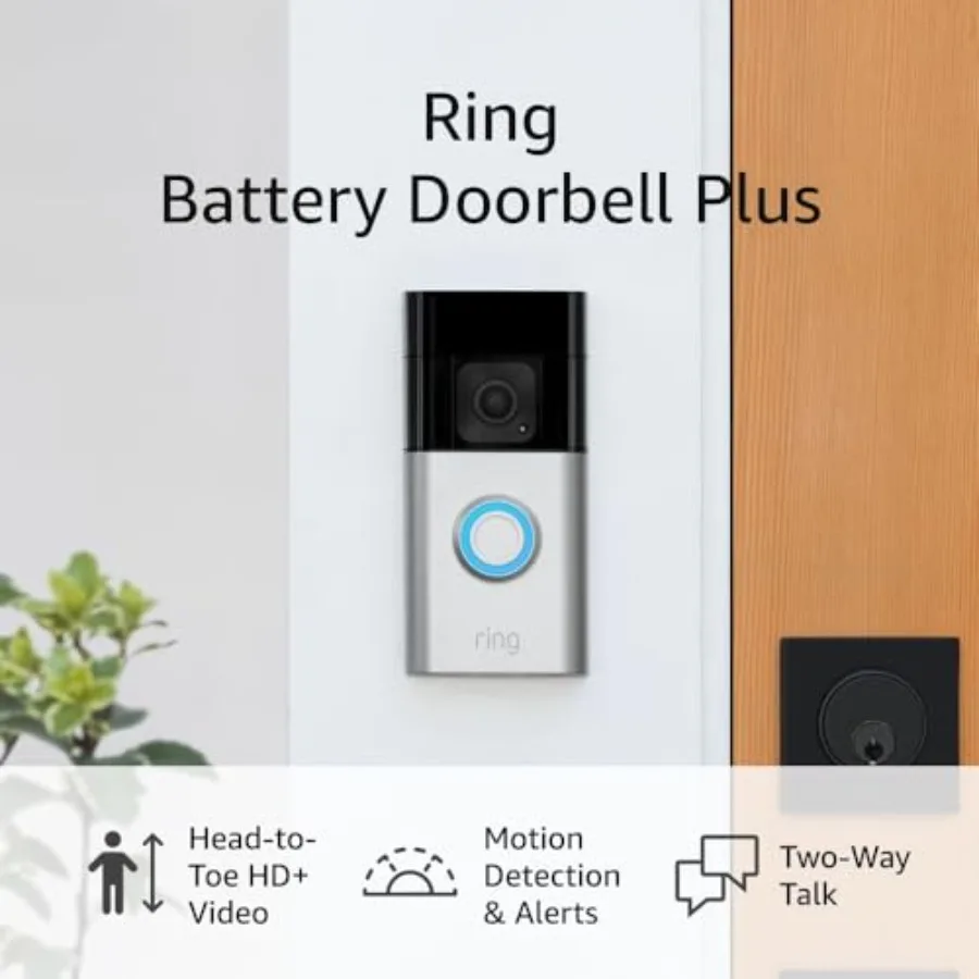 

Видеодомофон Ring Battery Doorbell Plus с HD+ видео, оповещениями о движении, двусторонней связью, выпуск 2023 года, совместим с Ring Chime Pro