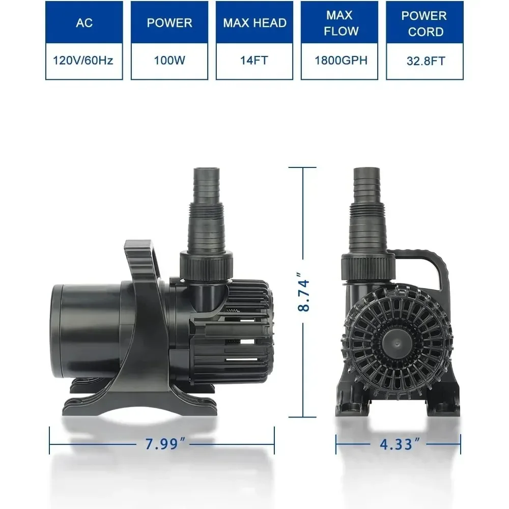 الأفضل - خارجي 1800 جيجا في الساعة - 100 وات 32.8 قدم، شلال مائي صغير في البركة ومضخة Kio Fish-s & Garden غاطسة IPX8: طويلة
