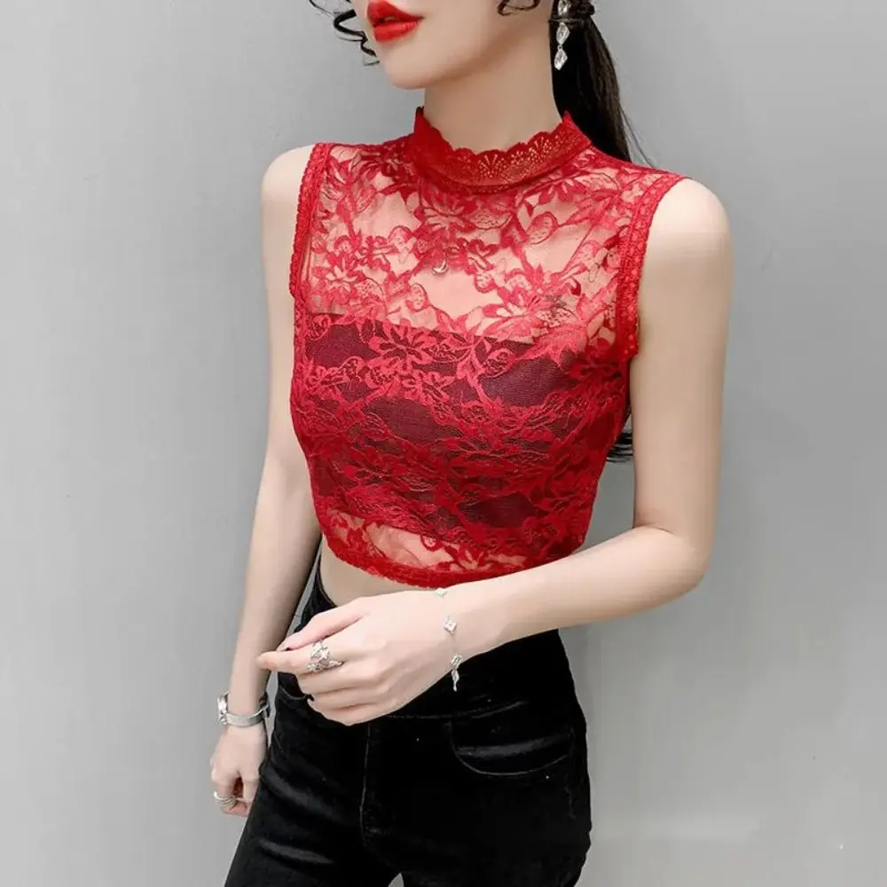 

New Mesh Yarn Hollow Lace Half Blouse Short Fashion Lace Turtleneck Sleeveless Pullover Elegant Collar False Collar