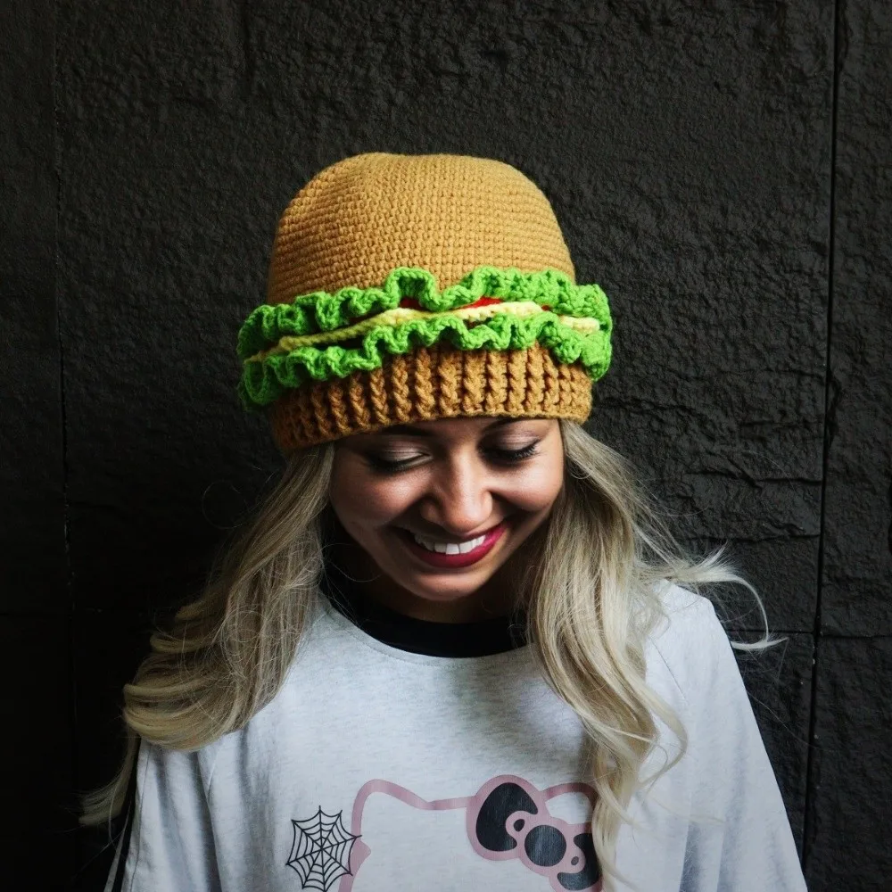 

Stretchy Creative Knitted Hamburger Hat Warm Playful Hamburger Pullover Cap Thick Soft Funny Hamburger Beanie Skiing