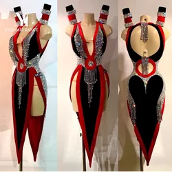 Latin Dance Competition Women's High-end Custom Black and Red Color Tassel Tango Samba Performance Rhinestone Dress