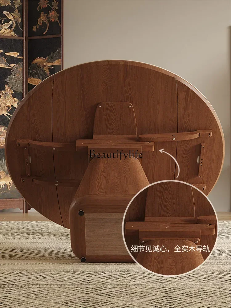 Solid Wood Square round Dual-Use Cave Stone Stone Plate Retractable Dining Table Small Apartment Foldable Dining Table and Chair