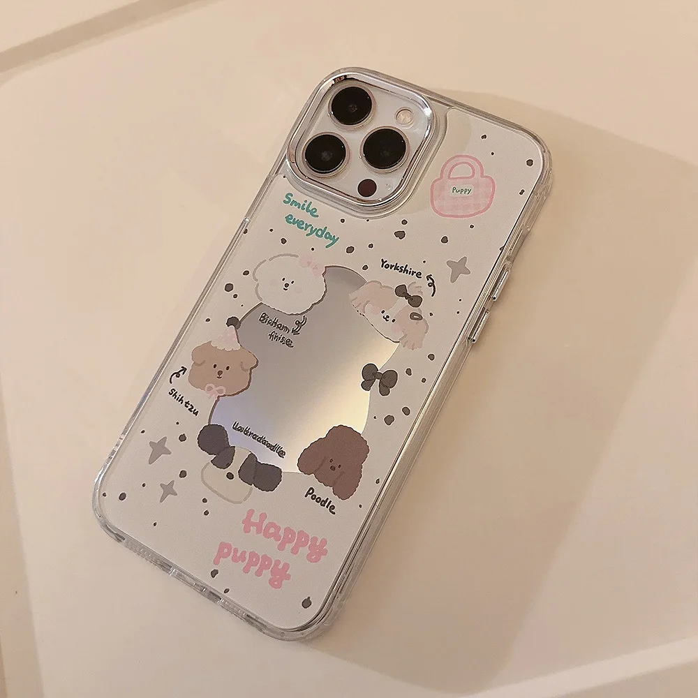 With Mirror Funny Dog Mobile Phone For Iphone 15 Pro Max 14 13 12 11 Plus Case Simplicity Cartoon Precise Hole Position