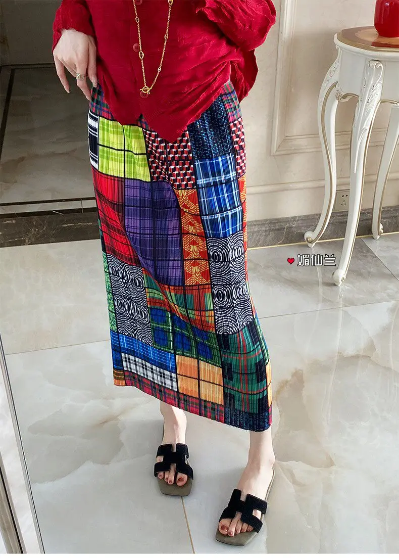 Folded Midi Skirt for Women 2026 Spring/summer New Collection Retro Geometric Pattern Printed Casual Outdoor Travel Clothing