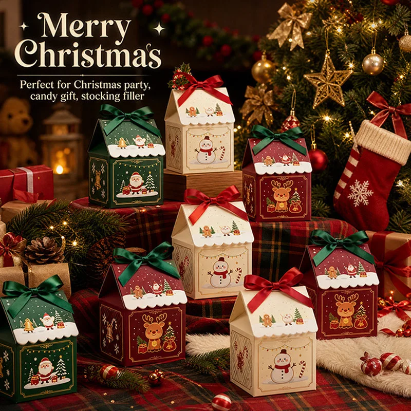 5Pcs Christmas House Shaped Gift Boxes with Ribbons Santa Snowman Reindeer Design Detachable Roof for Greeting Card Party Favor