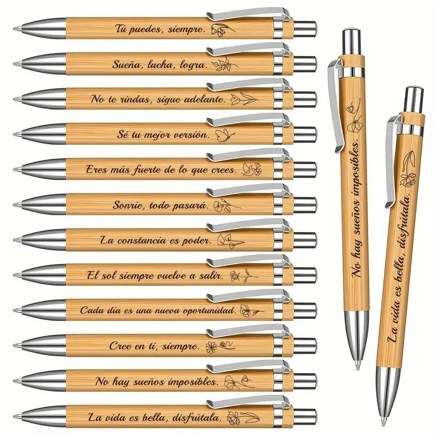 1/5/10/20/50/100pcs Set of 12 Bamboo Ballpoint Pens, Printed with Words of Encouragement in Spanish, Black Ink, Office Gifts for