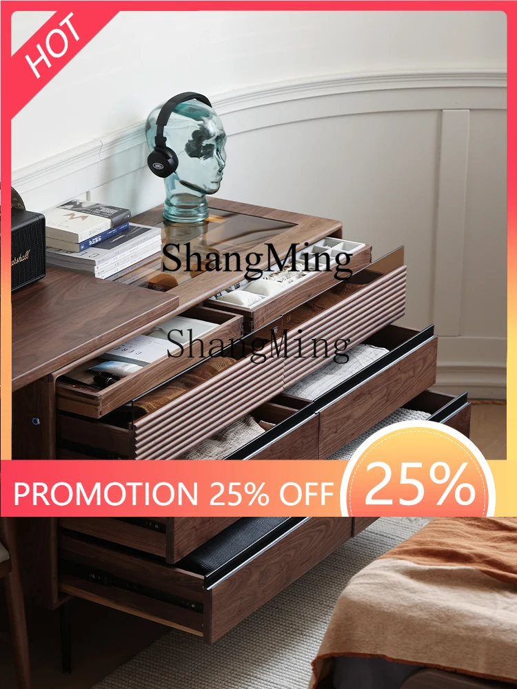 

FG Black Walnut Wood Chest of Drawers Dressing Table Integrated Makeup Small Apartment Bedside Storage Cabinet Set