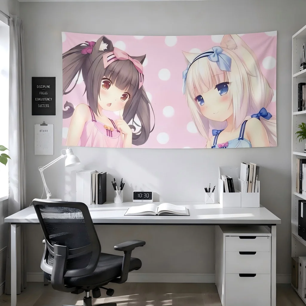 1 Stück Nekopara Chocola & Vanilla Anime Wandteppich, niedliche Katzenmädchen Wandbehang, pastellrosa-blaue ästhetische Dekoration für Schlafzimmer und Wohnheim – Detail 5