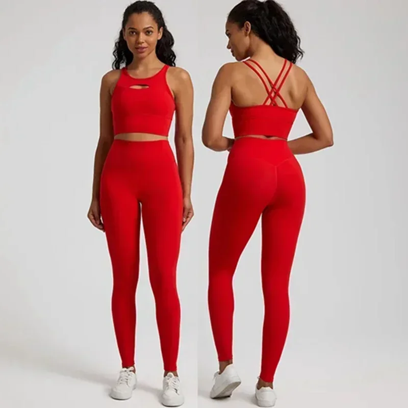 Lemon-Legging à manches courtes et col rond pour femme, ensemble de yoga, fitness, gym, doux, dos découpé, 2 pièces