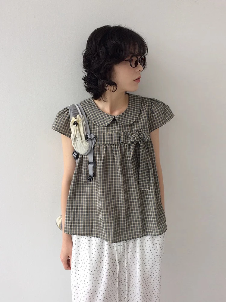 

Korejpaa Bow Plaid Women Shirt 2025 Summer New Retro Puff Short Sleeve Top Outwear Casual Korean Style Slimming Camisas Clothes