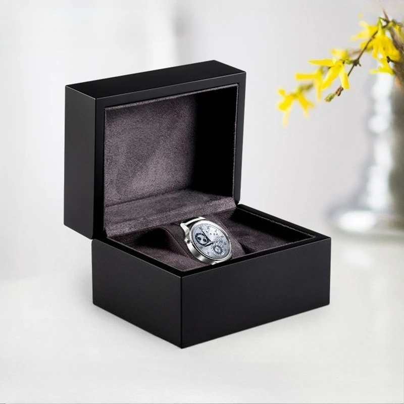Men Lady Luxury Matte Black Wooden Watch Box One-person Packaging Display Storage Travel Gift Box with Gray Velvet