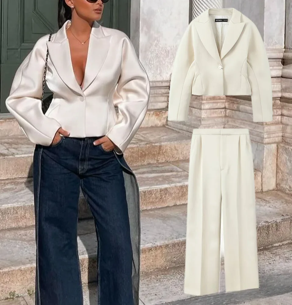 

KONDALA женский элегантный осенний пиджак с эффектом атласа, тонкий пиджак с лацканами, комплект брюк, новинка 2025 года, весенне-осенний модный бежевый брюки, женский комплект